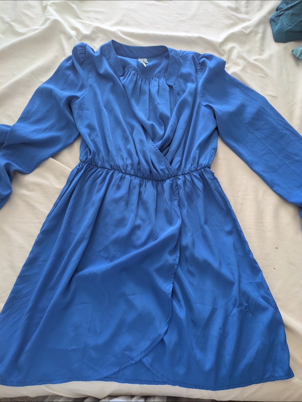 Long-Sleeve Satin Wrap Dress Size L Hello Miss Deep V Neck Flowy Midi Royal Blue